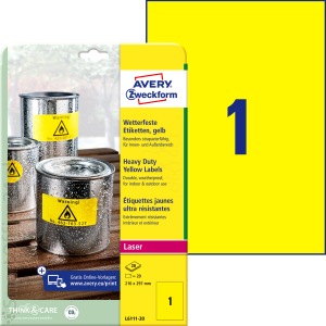 Etykiety samoprzylepne poliestrowe Avery Zweckformy 210x297mm, Heavy Duty, óte, zewntrzne (20ark)